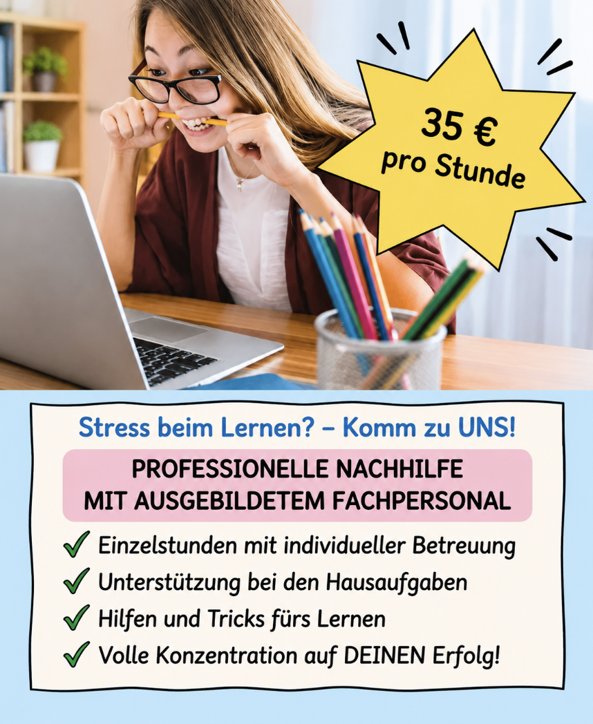 Mädchen mit Laptop und Stiften, Werbung für professionelle Nachhilfe ab 35 Euro pro Stunde.